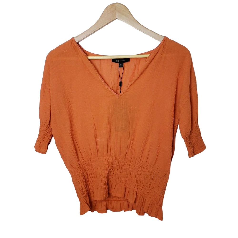 Frye Womens Top Size XS Split Neck Smocked Waist Short Sleeves in Orange‎ Rust